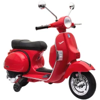 AIYAPLAY Moto Eléctrica Niños 12V Vespa PX150 Ruedas Auxiliares 2 Motores Suspensión Trasera Música Faros 3 km/h 3-6 Años Rojo(m-1)