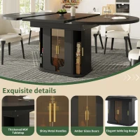 Extendable Dining Table with Glass Doors and Hidden Storage, Space-Saving Oval Dining Table for Up to 6 People, 120-160L x 118W x 77H cm, Black(m-4)