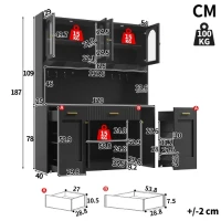 Kitchen Cabinet with App-Controlled RGB LED and Glass Display, Storage Cabinet with Roll-Out Shelves and Drawers, 120L x 40W x 187H cm, Black(m-3)