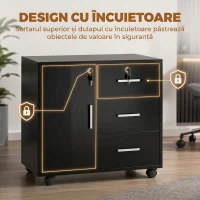 HOMCOM Dulap cu 3 Sertare, Poliță Reglabilă, Suport pentru Imprimantă și Lacăt, Negru(m-5)