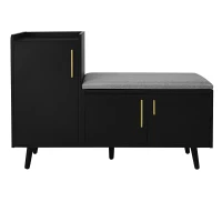 Modern Entryway Shoe Bench Storage Cabinet with Adjustable Shelves, Soft Storage Organiser Unit with Metal Handles, 100L x 34W x 69H cm, Black(m-2)