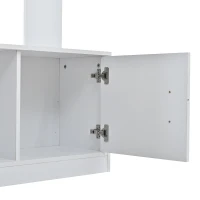 Modern Hall Tree with Coat Rack, Mirror and Shoe Bench, Space-Saving Entryway Unit with 6 Hooks and Flip Cabinets, 120L x 30W x 180H cm, White(m-13)