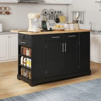 Modern Rolling Kitchen Island Trolley with Woodgrain Worktop, Mobile Storage Cart Unit with Pull-Out Bin Compartment, 138L x 86W x 92H cm, Black(m-1)