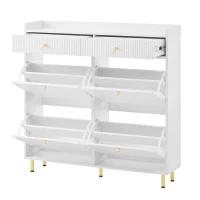 Modern Shoe Cabinet with 4 Flip Doors and 2 Drawers, Space-Saving Entryway Storage Organizer with Metal Handles, 106.5L x 25W x 105.5H cm, White(m-12)