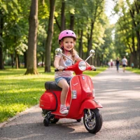 AIYAPLAY Moto Eléctrica Niños 12V Vespa PX150 Ruedas Auxiliares 2 Motores Suspensión Trasera Música Faros 3 km/h 3-6 Años Rojo(m-2)