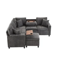 Modern Corner Sofa Bed with Reading Lamp and Fold-Out Cup Holder Table, Soft Pull-Out Sleeper Couch with Ottoman, 205L x 205W x 85H cm, Grey(m-14)