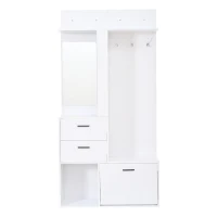 Modern Hall Tree with Mirror and Fold-Out Shoe Rack, Space-Saving Entryway Organizer with 3 Hooks and Drawers, 90L x 30W x 180H cm, White(m-2)
