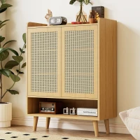 Modern Shoe Cabinet Storage Combo with 5-Tier Shelves, Freestanding Cupboard Organiser with Rattan Doors, 80L x 35W x 105H cm, Light Oak(m-1)