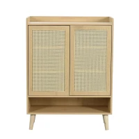Modern Shoe Cabinet Storage Combo with 5-Tier Shelves, Freestanding Cupboard Organiser with Rattan Doors, 80L x 35W x 105H cm, Light Oak(m-2)