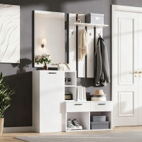 Hallway Storage Unit with Mirror and 4 Hooks, Space-Saving Shoe Cabinet with 10 Compartments for Entryway, 120L x 35W x 175.5H cm, White