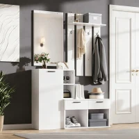 Hallway Storage Unit with Mirror and 4 Hooks, Space-Saving Shoe Cabinet with 10 Compartments for Entryway, 120L x 35W x 175.5H cm, White(m-1)