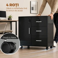 HOMCOM Dulap cu 3 Sertare, Poliță Reglabilă, Suport pentru Imprimantă și Lacăt, Negru(m-7)