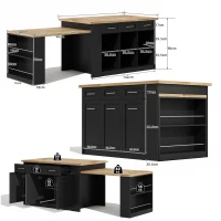 Modern Kitchen Island with Hidden Extendable Dining Table, Mobile Breakfast Bar with Marble-Effect Worktop, 150L x 90W x 90H cm, Black+Natural(m-3)
