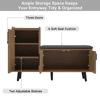 Modern Wooden Shoe Bench with Padded Cushioned Seat, Soft Shoe Storage Organiser with Adjustable Shelves, 100L x 34W x 69H cm, Natural(m-5)