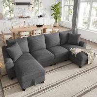 Modern Chenille U-Shaped Sectional Sofa with 2 Storage Chaise Lounges, Soft Convertible Couch with 2 Square Cushions, 272L x 131.5W x 84H cm, Grey(m-1)