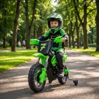 AIYAPLAY Moto Eléctrica Niños 12V con 2 Ruedas Auxiliares Desmontables 2 Motores Suspensión Trasera 3 km/h 3-6 Años Verde(m-2)