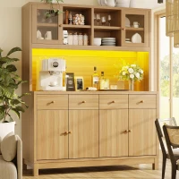 Modern Tall Buffet Cabinet with App-Controlled RGB LED, Versatile Storage Cabinet for Kitchen and Dining Room, 140L x 38.5W x 180H cm, Natural(m-1)