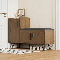 Modern Wooden Shoe Bench with Padded Cushioned Seat, Soft Shoe Storage Organiser with Adjustable Shelves, 100L x 34W x 69H cm, Natural(m-1)