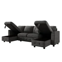 Modern U-Shaped Sectional Sofa with 2 Storage Chaise Lounges, Convertible Sleeper Couch with 2 Square Cushions, 260L x 128W x 82H cm, Gray(m-10)