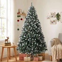 HOMCOM Árvore de Natal Artificial 210 cm com 1140 Pontas, Efeito de Neve, 75 Pinhas e Base Metálica Dobrável, Verde e Branco(m-8)