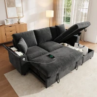 L-Shaped Sofa Bed with USB/USB-C Ports and Pull-Out Sleeper, Soft Reversible Corner Couch with Hidden Chaise Storage, 200L x 137W x 85H cm, Grey(m-8)