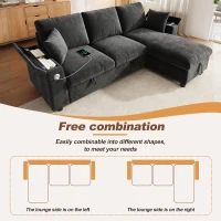 L-Shaped Sofa Bed with USB/USB-C Ports and Pull-Out Sleeper, Soft Reversible Corner Couch with Hidden Chaise Storage, 200L x 137W x 85H cm, Grey(m-5)