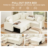 Modern Corner Sofa Bed with Reading Lamp and Fold-Out Cup Holder Table, Soft Pull-Out Sleeper Couch with Ottoman, 205L x 205W x 85H cm, Beige(m-5)