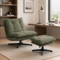 HOMCOM Loungesessel mit Hocker, 360° drehbar, Cordbezug, höhenverstellbare Fußstütze, Grün(m-2)