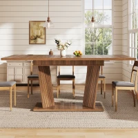 Extendable Dining Table with Double-Column Base, Space-Saving Kitchen Table with Anti-Slip Feet, 120-160L x 80W x 76H cm, Dark Brown(m-8)