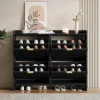 Modern Wooden Shoe Cabinet with 4 Flip Drawers, Space-Saving Storage Organiser with Side Umbrella Hooks, 110L x 24W x 90H cm, Black(m-8)