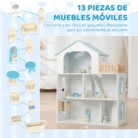 AIYAPLAY Casa de Muñecas de Madera de 3 Pisos con Ascensor y Balcón 5 Habitaciones y 13 Muebles para Niños de 3 a 6 Años Azul(m-6)