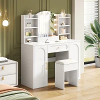 Modern Vanity Desk with Padded Stool and 2 Storage Cabinets, Makeup Dressing Table with Adjustable LED Mirror, 110L x 40W x 132H cm, White(m-1)