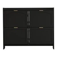 Modern Wooden Shoe Cabinet with 4 Flip Drawers, Space-Saving Storage Organiser with Side Umbrella Hooks, 110L x 24W x 90H cm, Black(m-2)