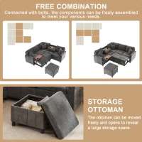 Modern Corner Sofa Bed with Reading Lamp and Fold-Out Cup Holder Table, Soft Pull-Out Sleeper Couch with Ottoman, 205L x 205W x 85H cm, Grey(m-7)