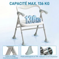 HOMCOM Tabouret de Douche Pliable, Hauteur Réglable à 5 Niveaux, Pieds Antidérapants en TPR, Aluminium, 51,5x61,5x74,5cm, Blanc(m-6)