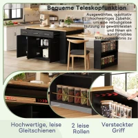 Modern Kitchen Island with Hidden Extendable Dining Table, Mobile Breakfast Bar with Marble-Effect Worktop, 150L x 90W x 90H cm, Black+Natural(m-5)