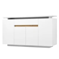 Modern LED Sideboard with 4 Doors and Large Drawer, Freestanding Buffet Cupboard for Living Room, 140L x 40W x 80H cm, White+Natural(m-11)