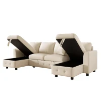 Modern Chenille U-Shaped Sectional Sofa with 2 Storage Chaise Lounges, Soft Convertible Sleeper Couch with 2 Square Cushions, 260L x 128W x 82H cm, Beige(m-10)
