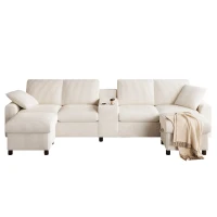 Modern Corduroy U-Shaped Sectional Sofa with 2 Movable Storage Ottomans, Soft Luxury Couch with USB Charging Ports, 315L x 135W x 81H cm, Beige(m-10)