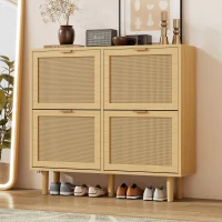 Modern Rattan Shoe Cabinet with 4 Flip Drawers, Space-Saving Storage Organiser Cupboard with Adjustable Shelves, 100L x 25W x 90.5H cm, Light Oak(m-1)