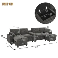 Modern Corduroy U-Shaped Sectional Sofa with 2 Movable Storage Ottomans, Soft Convertible Couch with 2 Type-C Charging Ports, 315L x 135W x 81H cm, Grey(m-3)