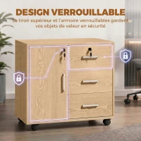 HOMCOM Caisson bureau meuble de rangement verrouillable avec 3 tiroirs et étagère réglable, roulettes, 40 x 60 x 56 cm, marron clair(m-5)