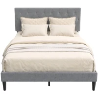 HOMCOM Bettgestell 140 x 190 cm mit Lattenrost, Gepolstertes Doppelbett mit Leinenbezug, Gepolstertes Kopfteil, 10 Latten, Grau(m-6)