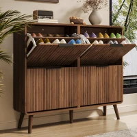 Modern Shoe Cabinet with Double-Tier Flip Doors, Space-Saving Hallway Organizer for Up to 24 Pairs, 105L x 24W x 90H cm, Walnut(m-1)