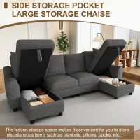 Modern Chenille U-Shaped Sectional Sofa with 2 Storage Chaise Lounges, Soft Convertible Couch with 2 Square Cushions, 272L x 131.5W x 84H cm, Grey(m-4)