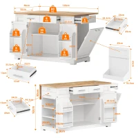 Modern Rolling Kitchen Island Trolley with Woodgrain Worktop, Mobile Storage Cart Unit with Pull-Out Bin Compartment, 138L x 86W x 92H cm, White(m-3)
