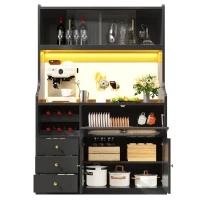 Tall Kitchen Cabinet with App-Controlled RGB LED and Glass Doors, Storage Unit with Wine Rack and 3 Drawers, 120L x 40W x 180H cm, Black(m-11)