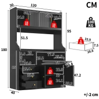 Tall Kitchen Cabinet with App-Controlled RGB LED and Glass Doors, Storage Unit with Wine Rack and 3 Drawers, 120L x 40W x 180H cm, Black(m-3)