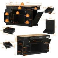 Modern Rolling Kitchen Island Trolley with Woodgrain Worktop, Mobile Storage Cart Unit with Pull-Out Bin Compartment, 138L x 86W x 92H cm, Black(m-3)