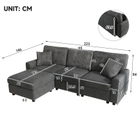 Modern Upholstered Sectional Sofa with USB Type-C Charging Ports, Soft Convertible Couch with 2 square cushions, 223L x 146W x 84H cm, Dark Grey(m-3)